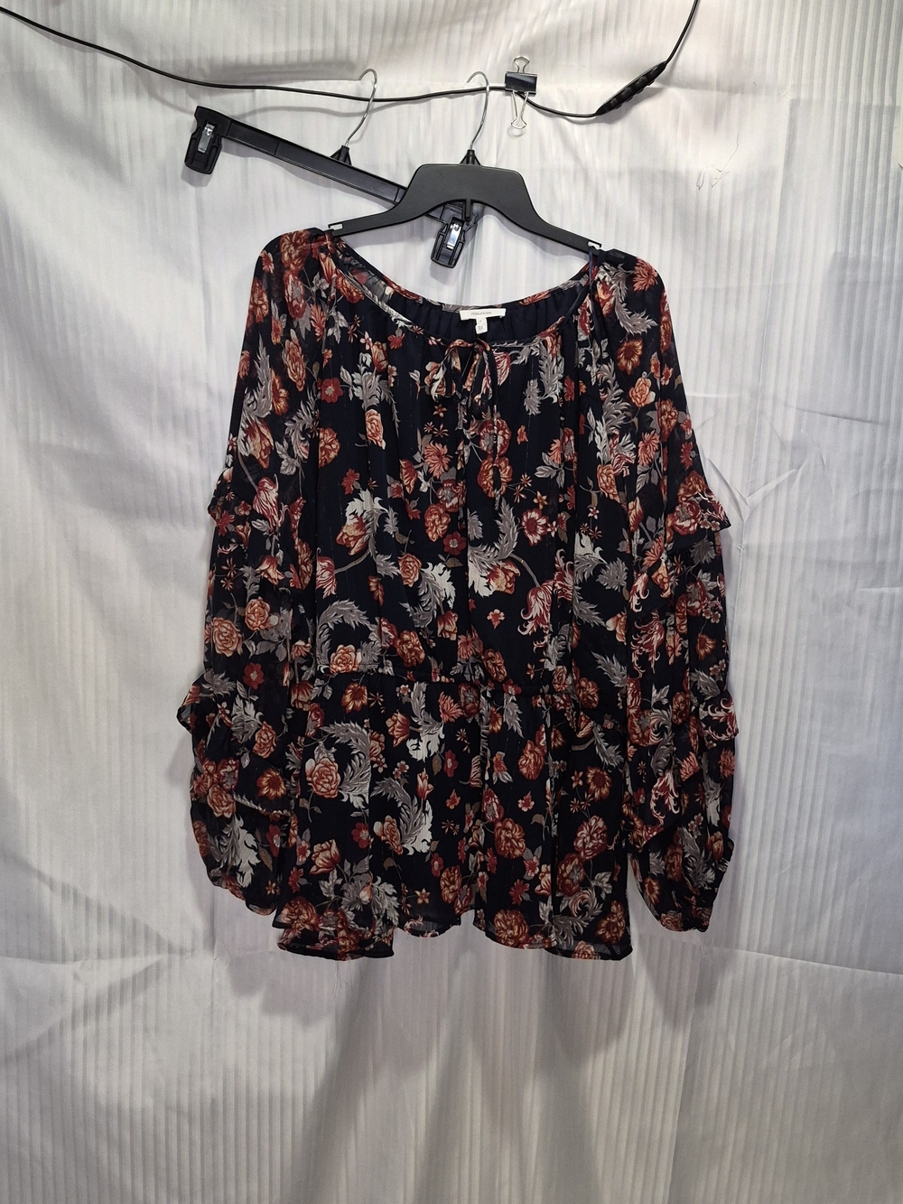 Maurices 3X Navy Blue Floral Tie-Neck Peasant Top NWT